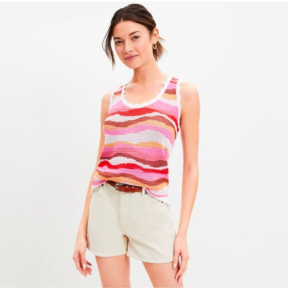 LOFT Wavy Stripe Crochet Sweater Tank Pink Orange Red Size Large NWT